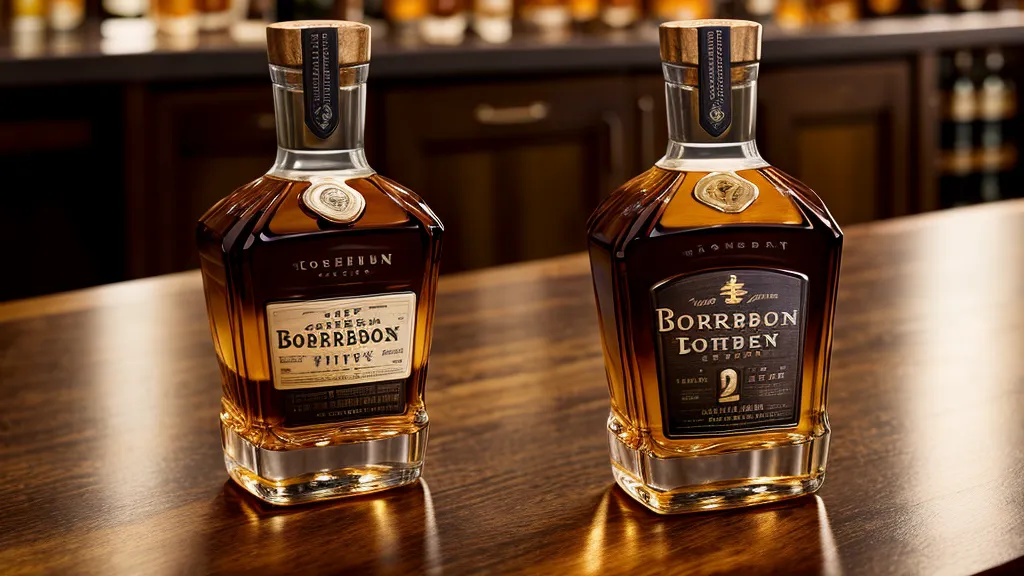 A premium bourbon bottle and a tasting glass on a wooden kitchen pass-through.