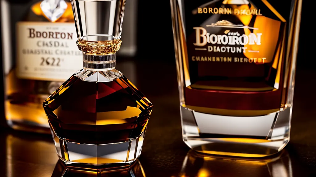 Close-up of a small batch bourbon bottle and a crystal decanter
