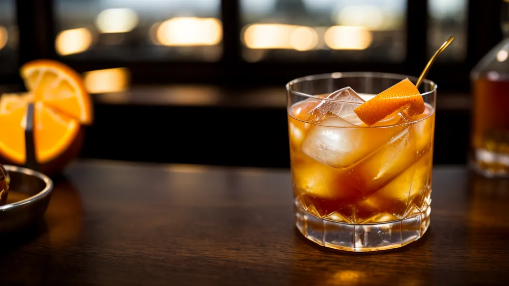 A professional-looking Old Fashioned cocktail next to a high-proof bourbon bottle on a wooden counter.