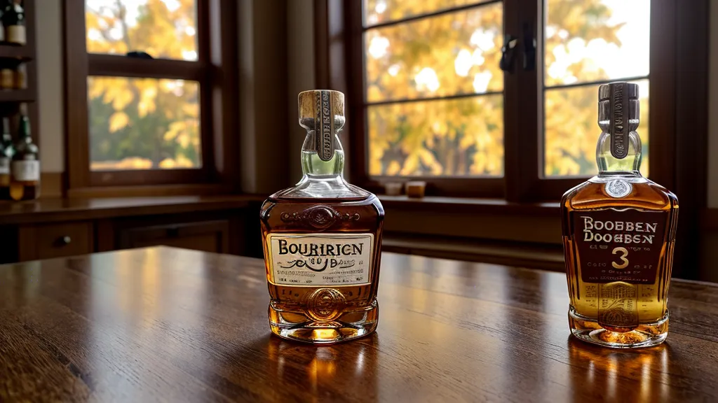 Close-up of a rare bourbon bottle and a glass on a wooden counter.
