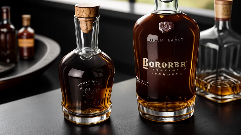 Close-up of a rare bourbon bottle and a tasting glass on a wooden counter.
