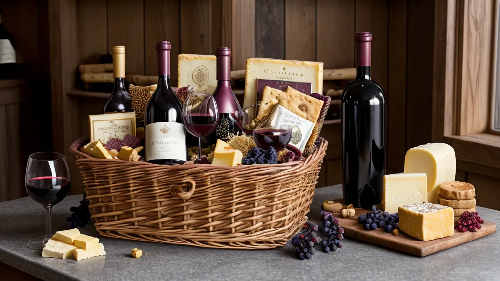 Close-up of a wine gift basket with crackers and cheese.