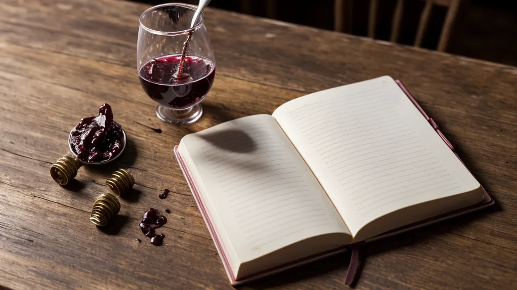 Tasting notes next to a mini wine bottle on a wooden counter.