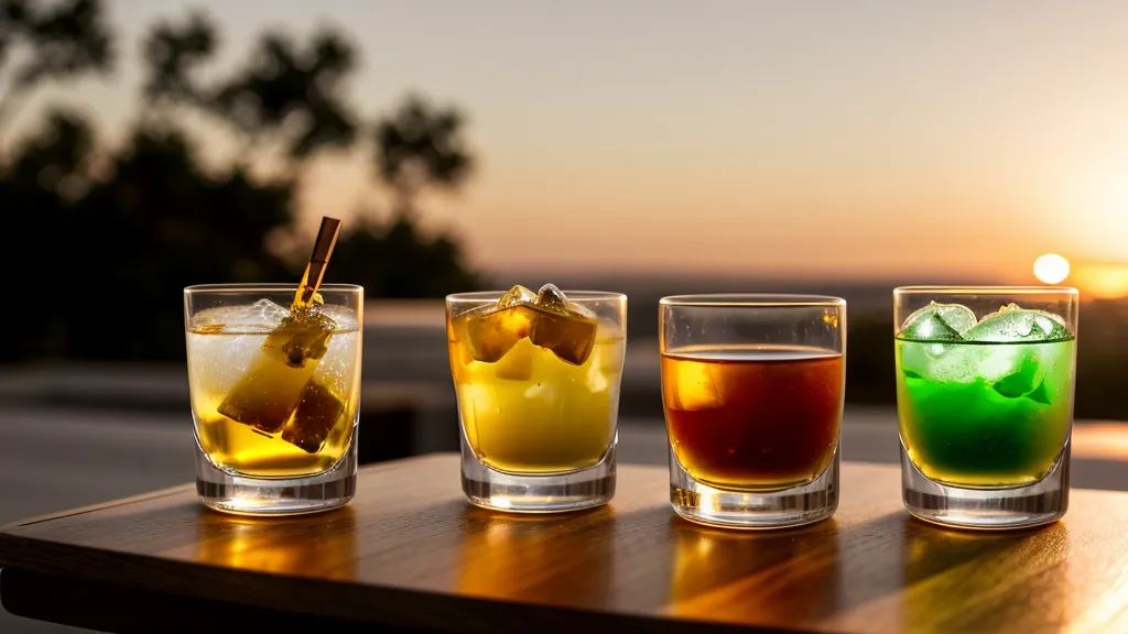 A variety of drinks including non-alcoholic beer, wine, and bourbon for a tasting.