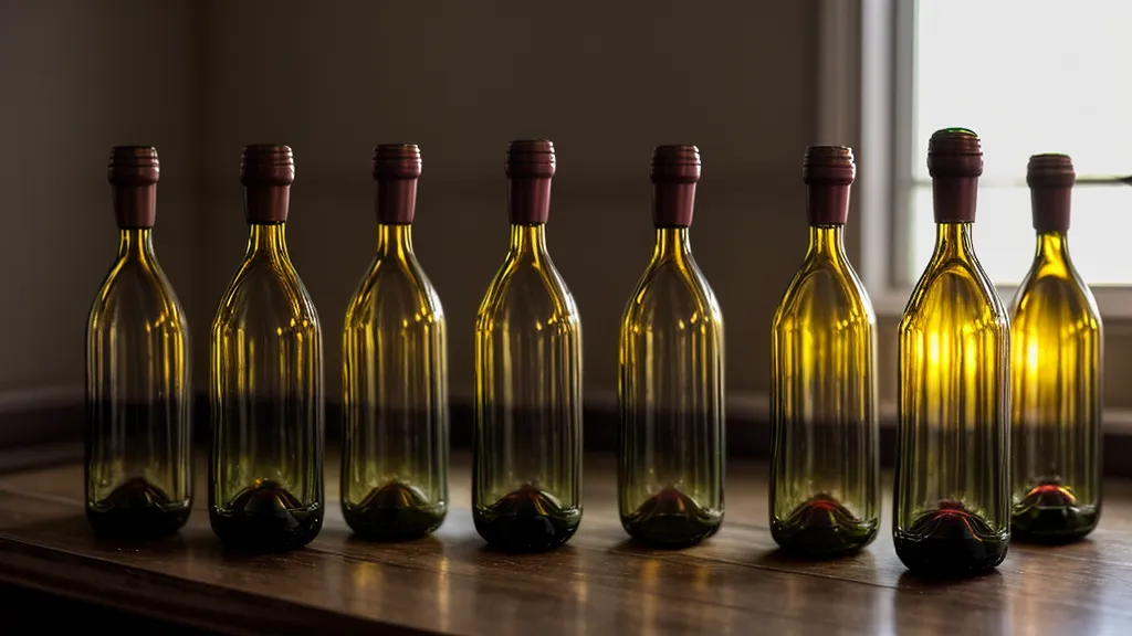 A variety of small wine tasting bottles lined up on a wooden surface