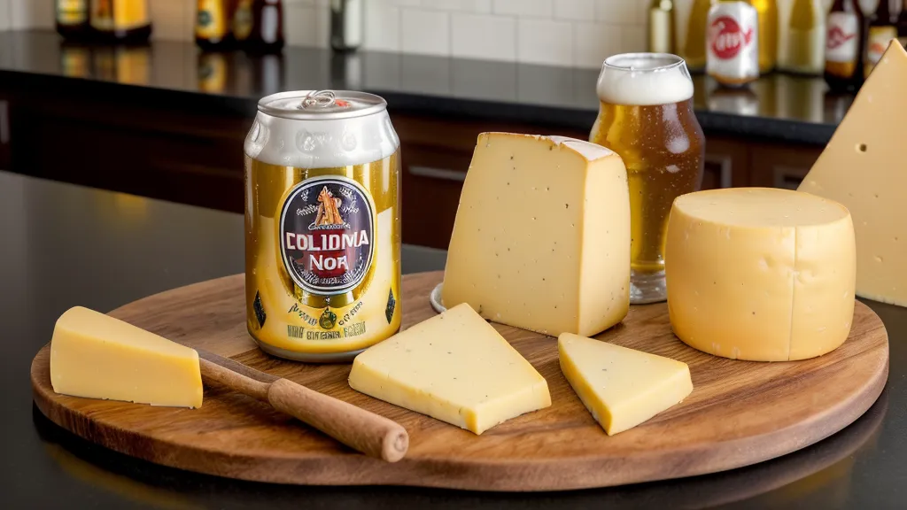 Non-alcoholic craft beer paired with hard cheese on a rustic board