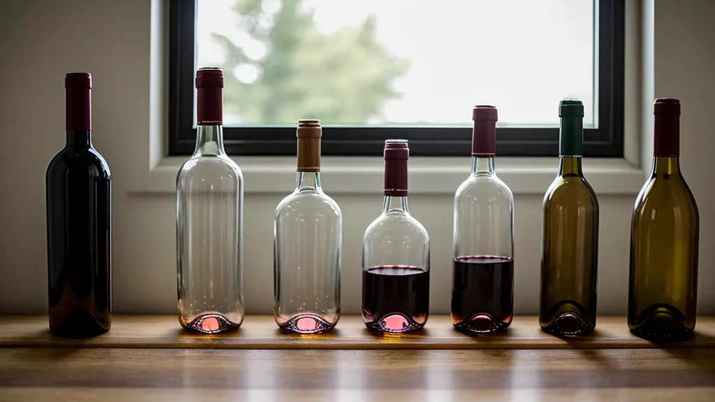 Miniature wine bottles from a tasting kit arranged on a wooden kitchen counter.