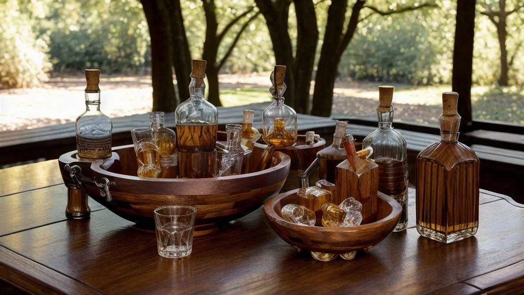 A bourbon punch bowl and bottles at a casual outdoor party.