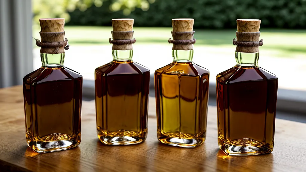 Close-up of three bourbon bottles on a wooden kitchen counter in soft light.
