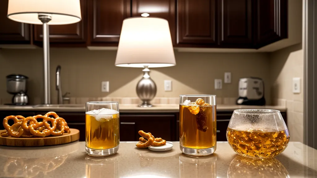 A can of non-alcoholic beer and a glass of bourbon sitting on a coaster during a tasting.