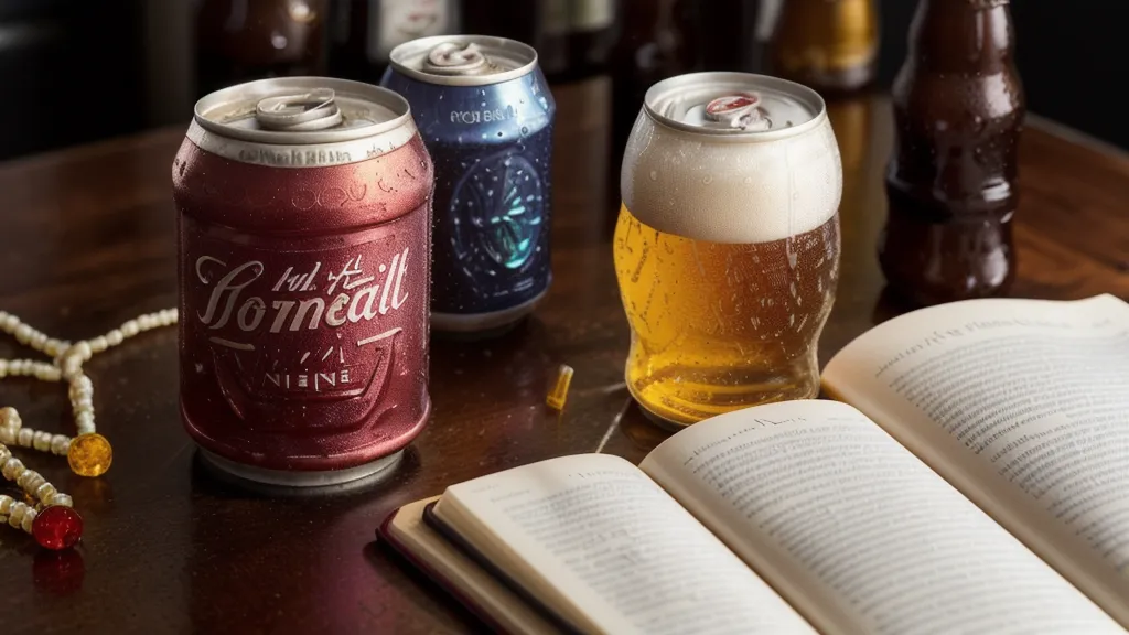 A sweating non-alcoholic beer can next to a glass of wine and a notebook.