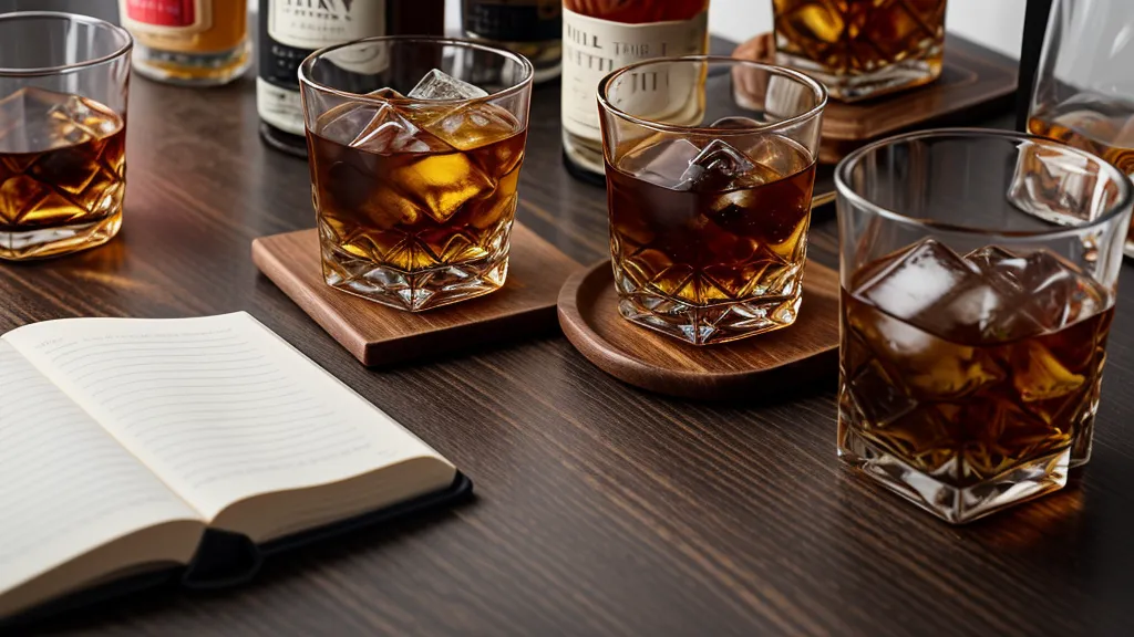 Close up of bourbon and rye whiskey labels with raw grain props.