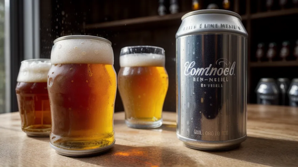 A cold can of Sober Carpenter non-alcoholic beer on a coaster with bourbon in the background.