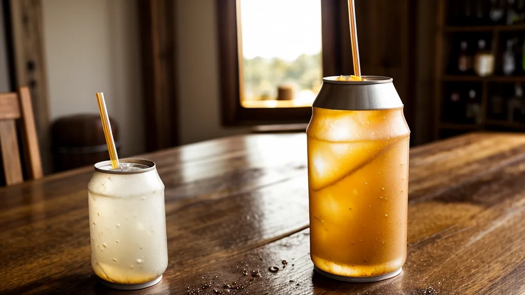 A non-alcoholic IPA can sweating next to a traditional glass of bourbon on a counter.