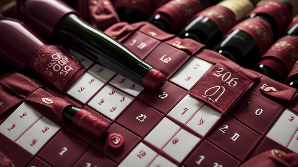 A 24-bottle wine tasting calendar open on a wooden dining room sideboard.