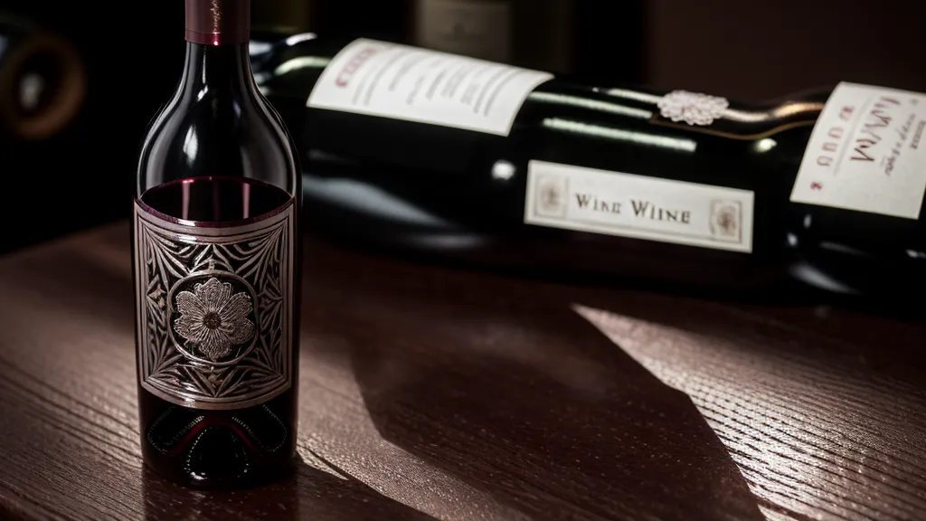 A hand-etched custom wine bottle sitting on a dark wood table as a gift.