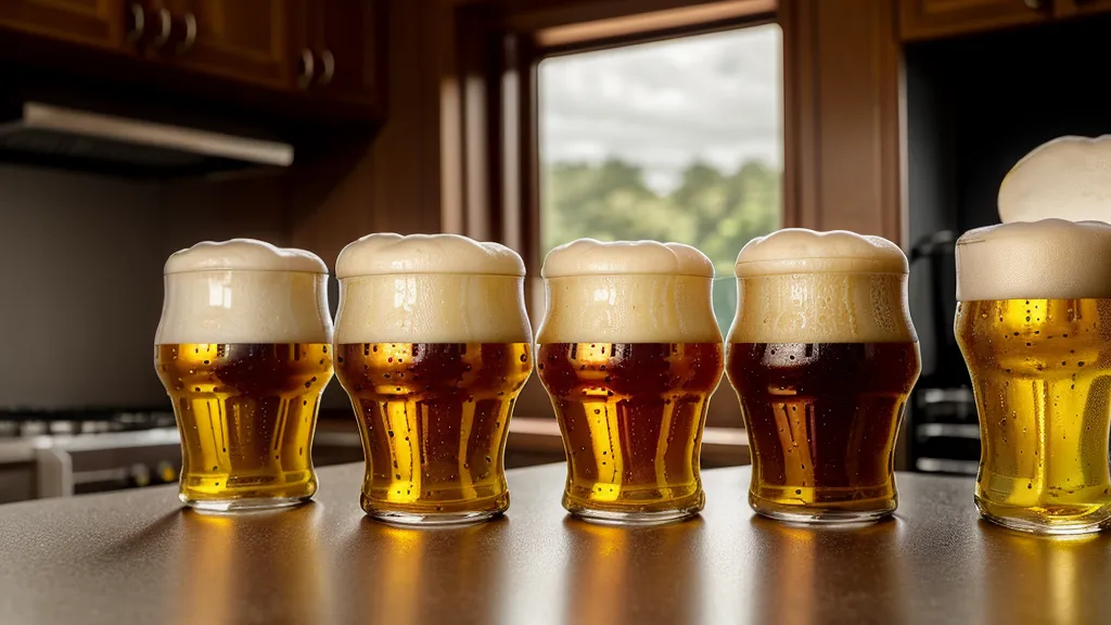 Three glasses of different non-alcoholic beer styles arranged for a home tasting.