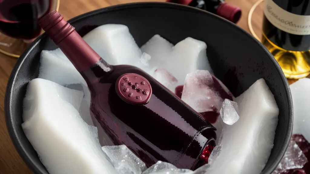 A red wine bottle being chilled in a bowl of ice on a kitchen counter.