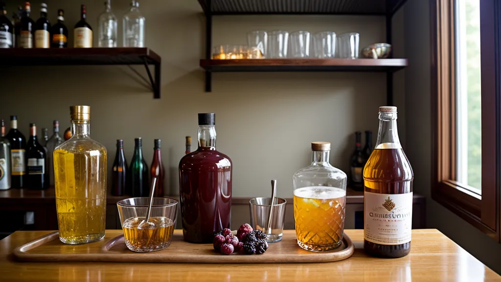 A tiered bottle riser organizing various spirits and mixers on a wooden shelf.