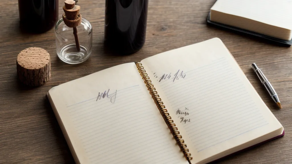Handwritten wine tasting notes next to a mini wine bottle