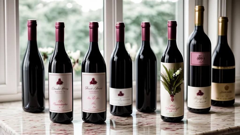 Miniature personalized wine bottles for wedding favors next to a laptop