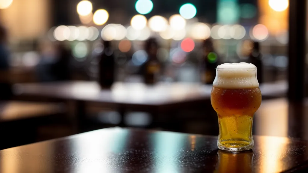 A glass of craft non-alcoholic beer at a professional dinner setting.