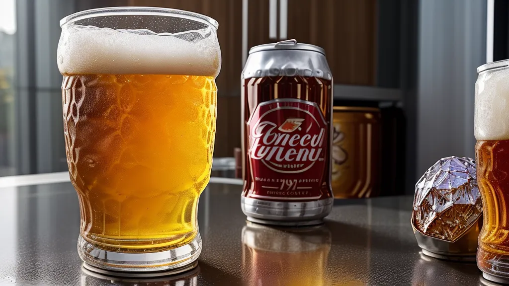 Close-up of non-alcoholic beer cans and a whiskey glass on a wooden counter