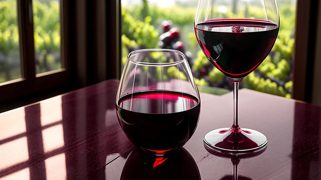 A glass of red wine next to a glass decanter on a wooden surface.