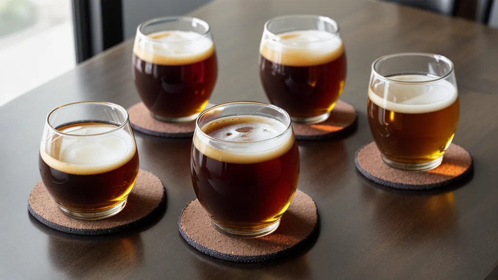 Comparison of bourbon and non-alcoholic beer in glasses next to a notebook.