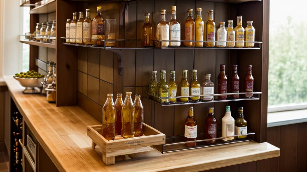 A kitchen shelf holding a balanced collection of bourbon and non-alcoholic beverages.