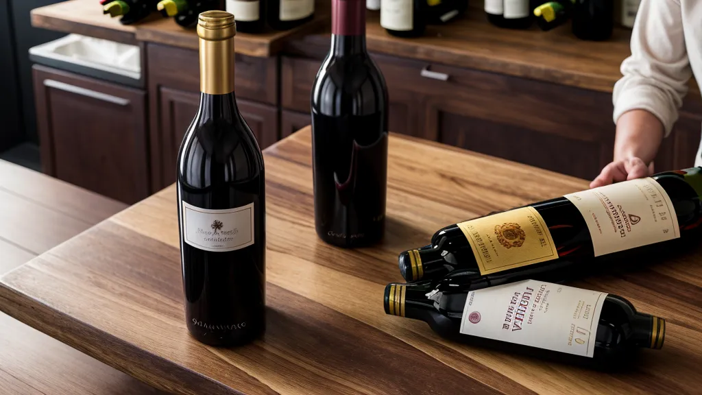 A California Cabernet bottle next to an Italian wine bottle on a counter.