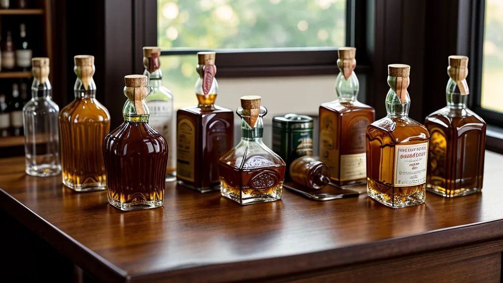 Close-up of a bourbon label and a tasting glass on a wooden counter.