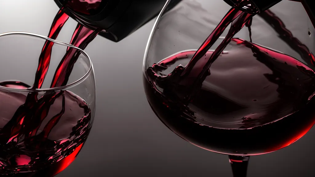 Red wine being poured into a glass pitcher for aeration.