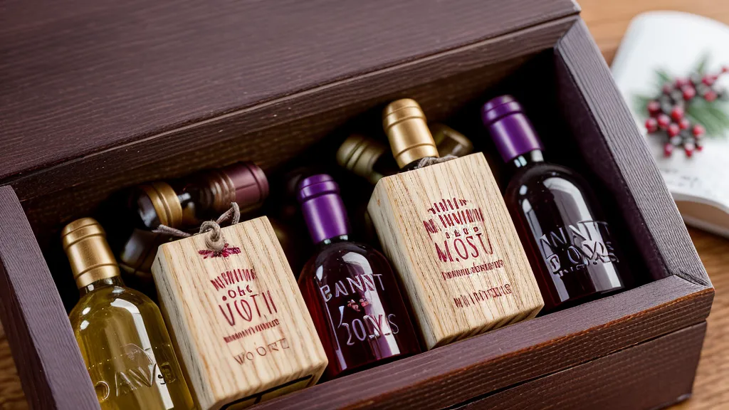 Mini wine bottles and a tasting jar on a wooden counter.