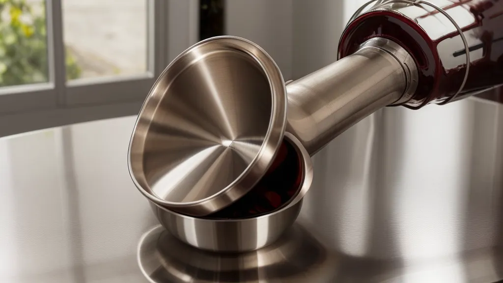 A funnel in a wine bottle next to a glass pitcher on a counter.