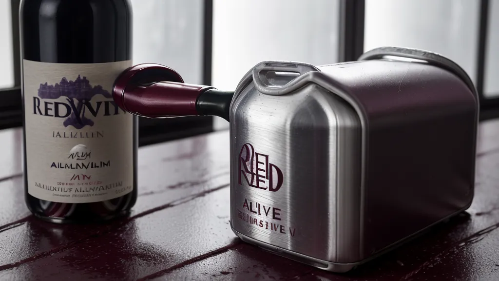 A bottle of red wine and a non-alcoholic beer can on a home bar.